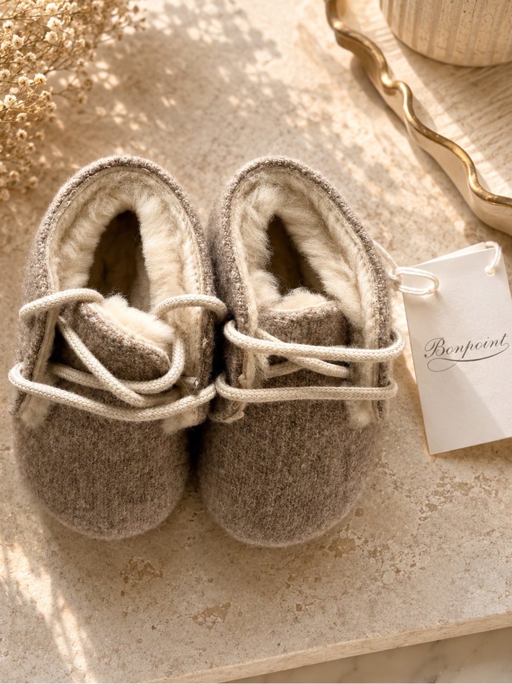 Bonpoint Baby Shearling-Lined Booties Taupe NWT